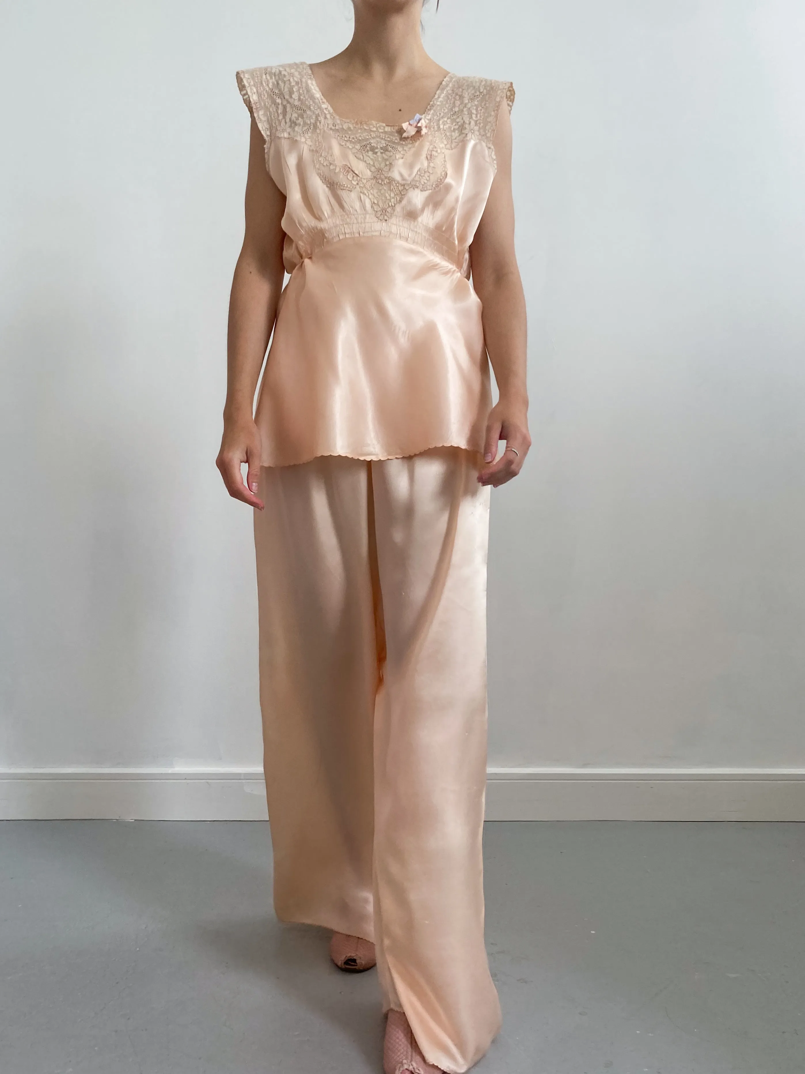 1930s Peach Satin Pyjama Set with Alencon Lace