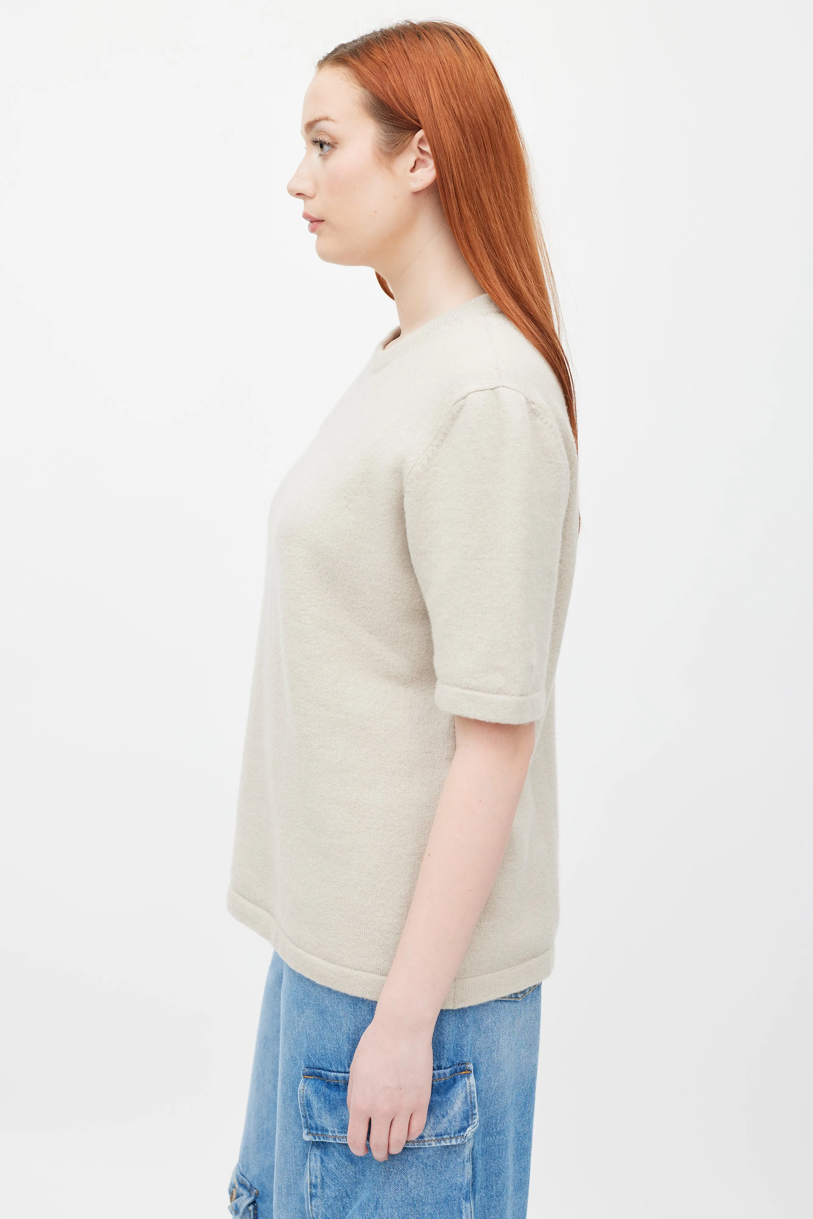 Beige Wool Short Sleeve Top