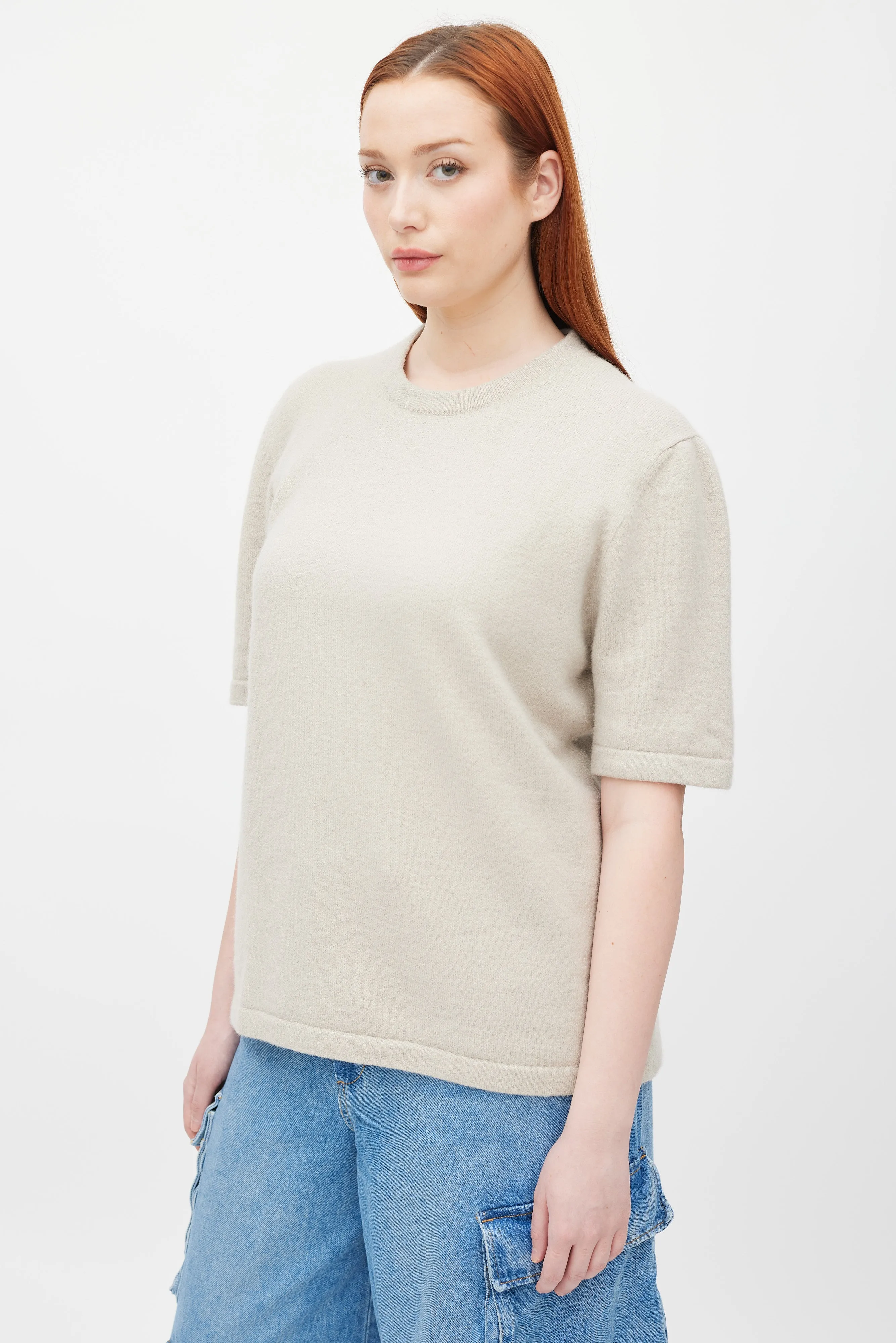 Beige Wool Short Sleeve Top