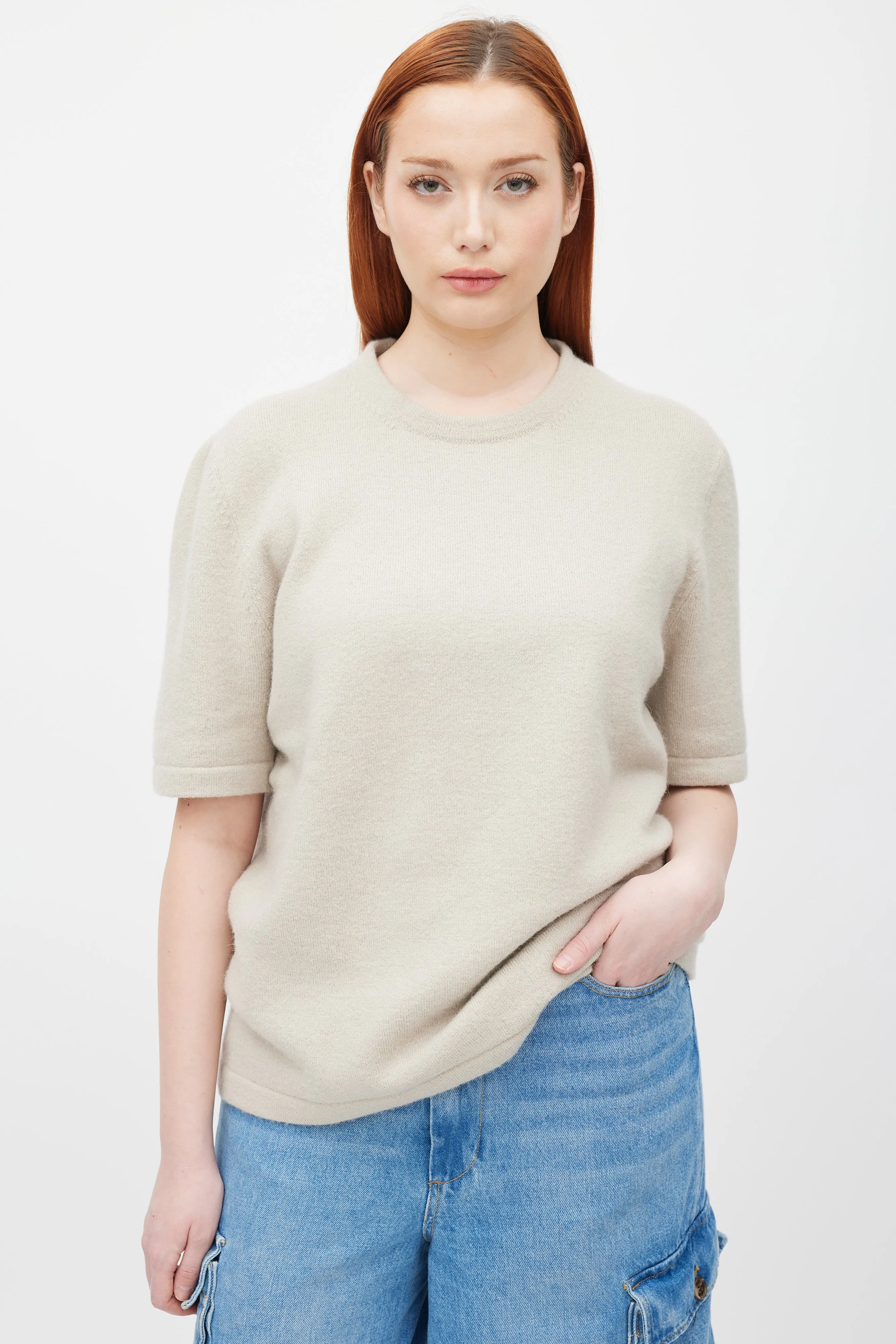 Beige Wool Short Sleeve Top