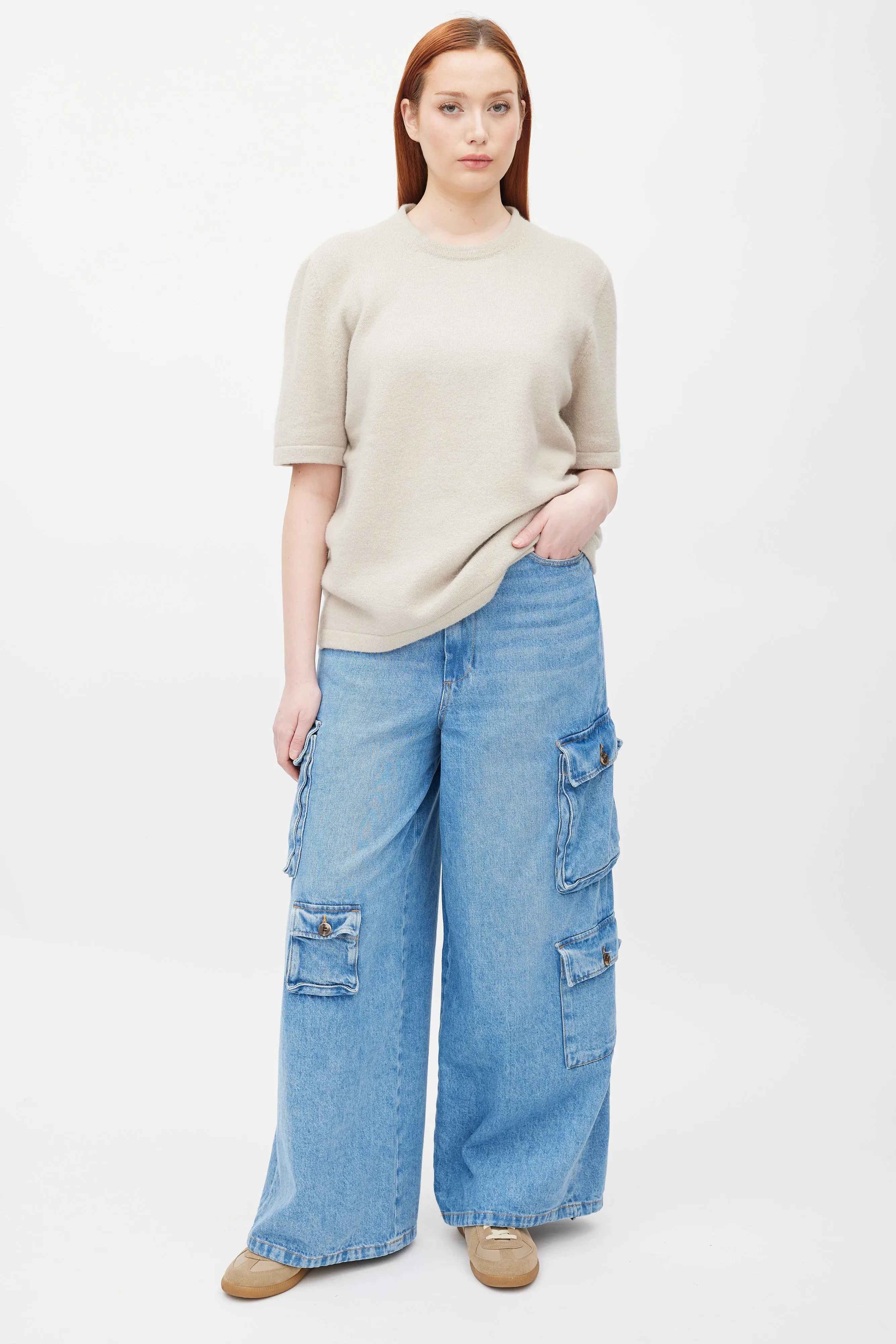 Beige Wool Short Sleeve Top