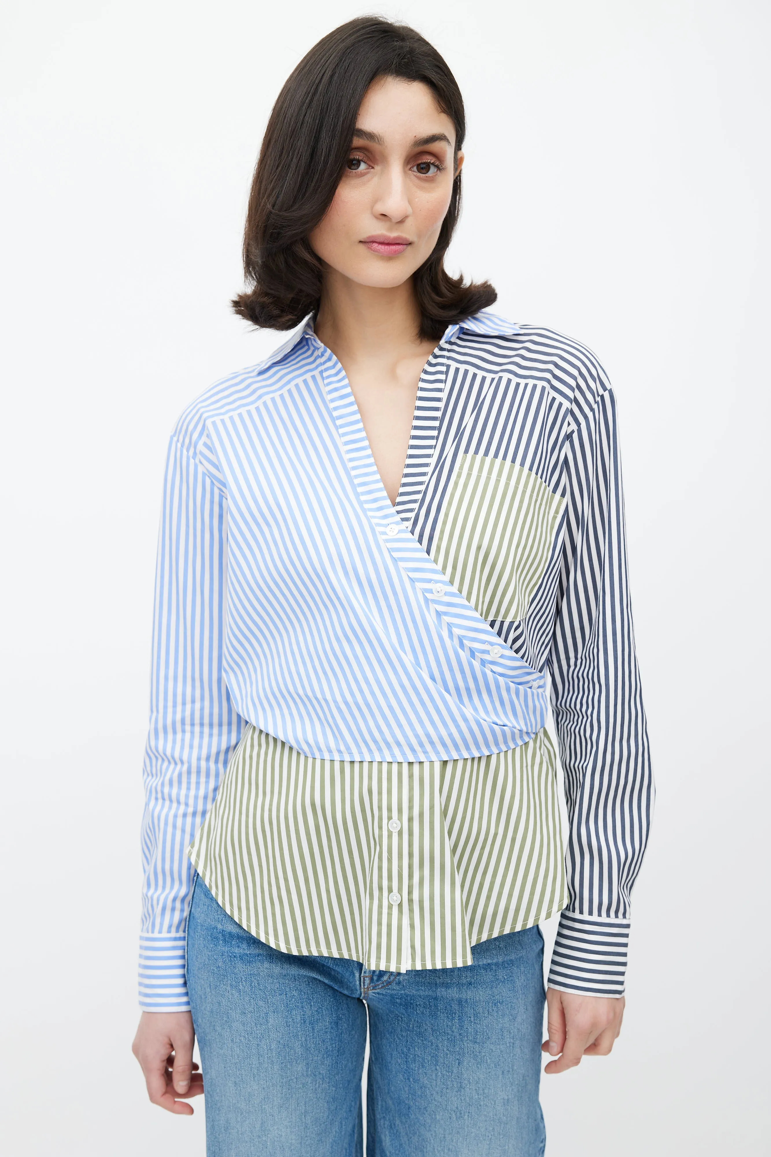 Blue & Multicolour Stripe Asymmetrical Shirt