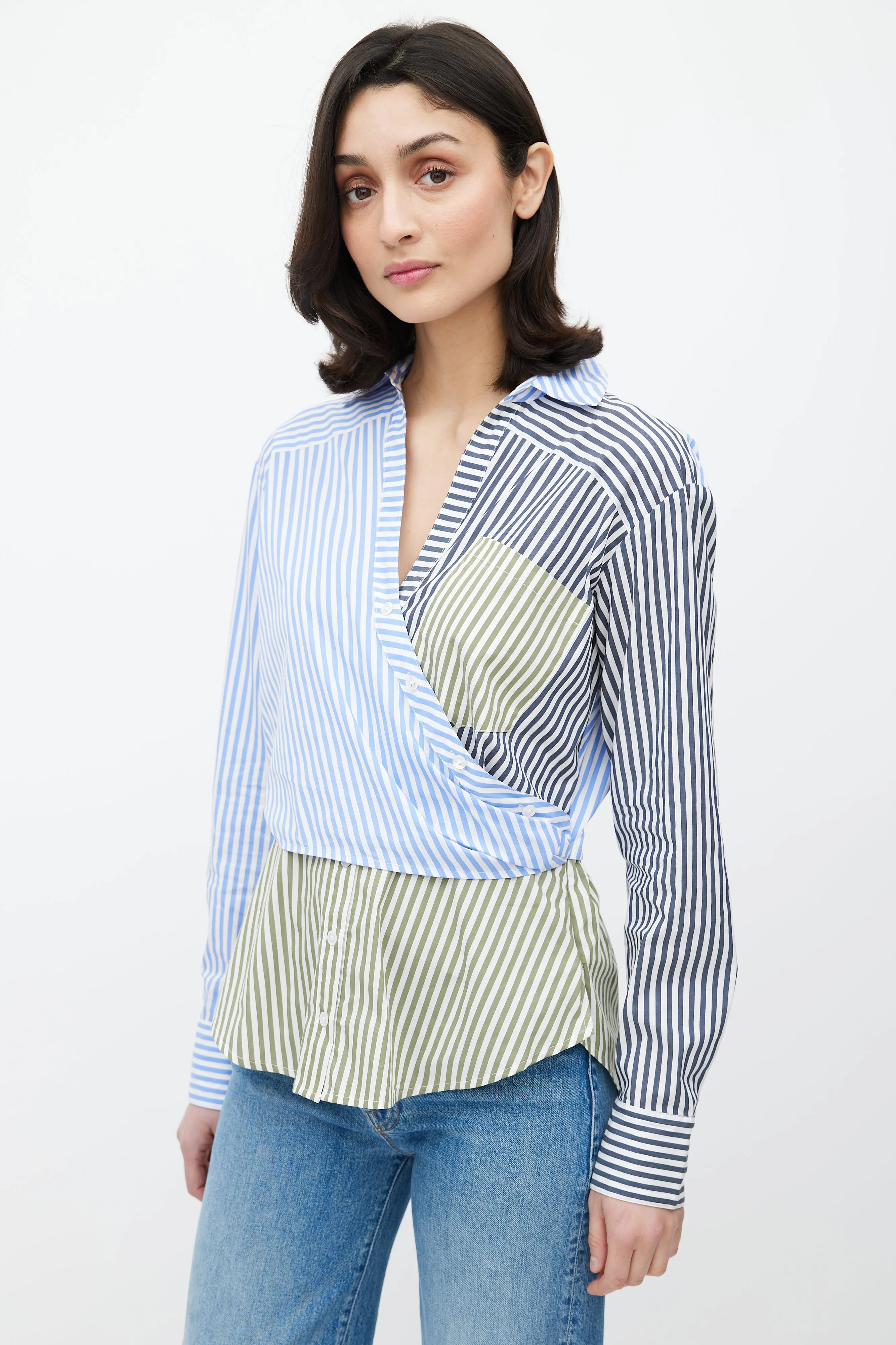 Blue & Multicolour Stripe Asymmetrical Shirt