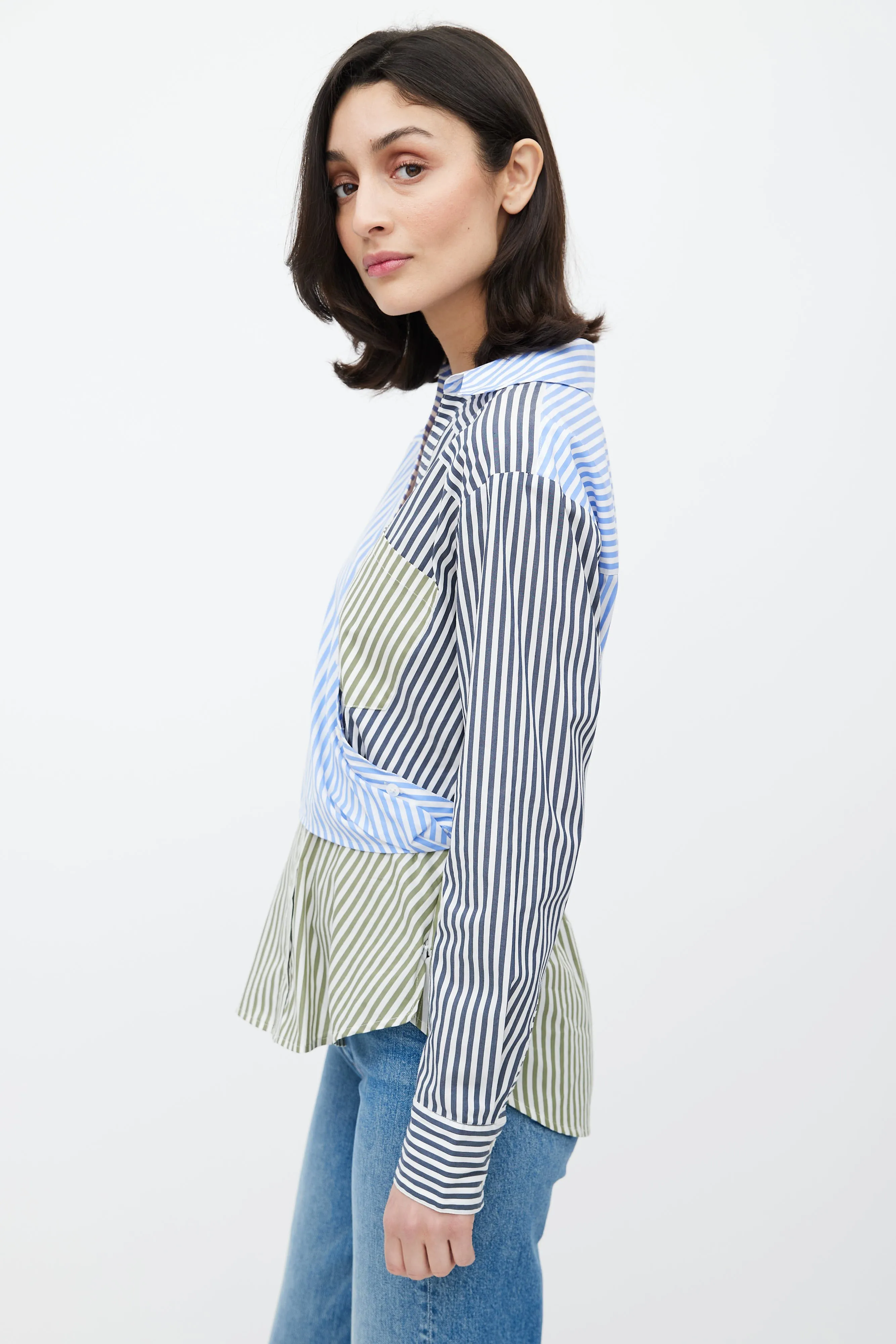 Blue & Multicolour Stripe Asymmetrical Shirt
