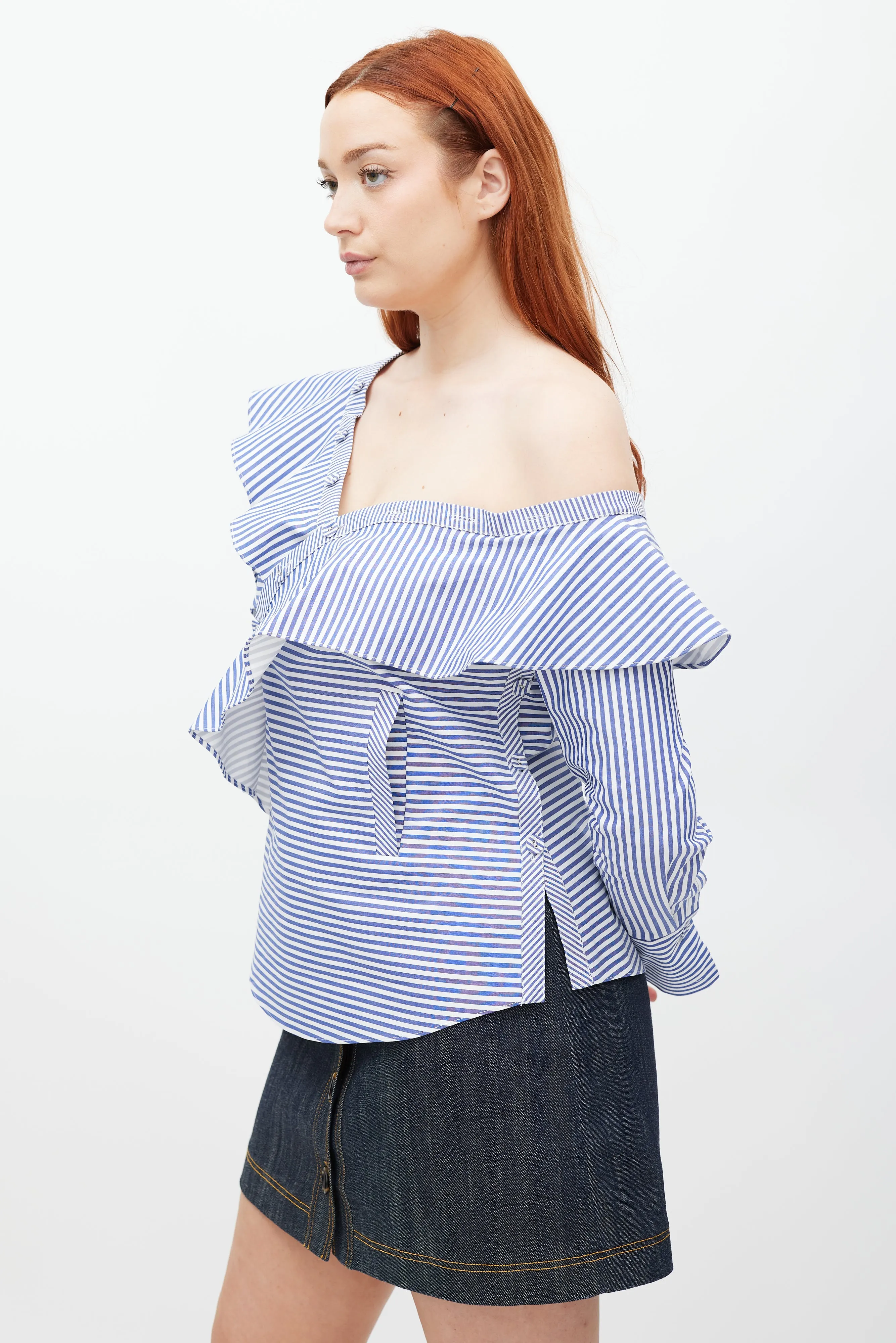 Blue & White Asymmetrical Striped Top
