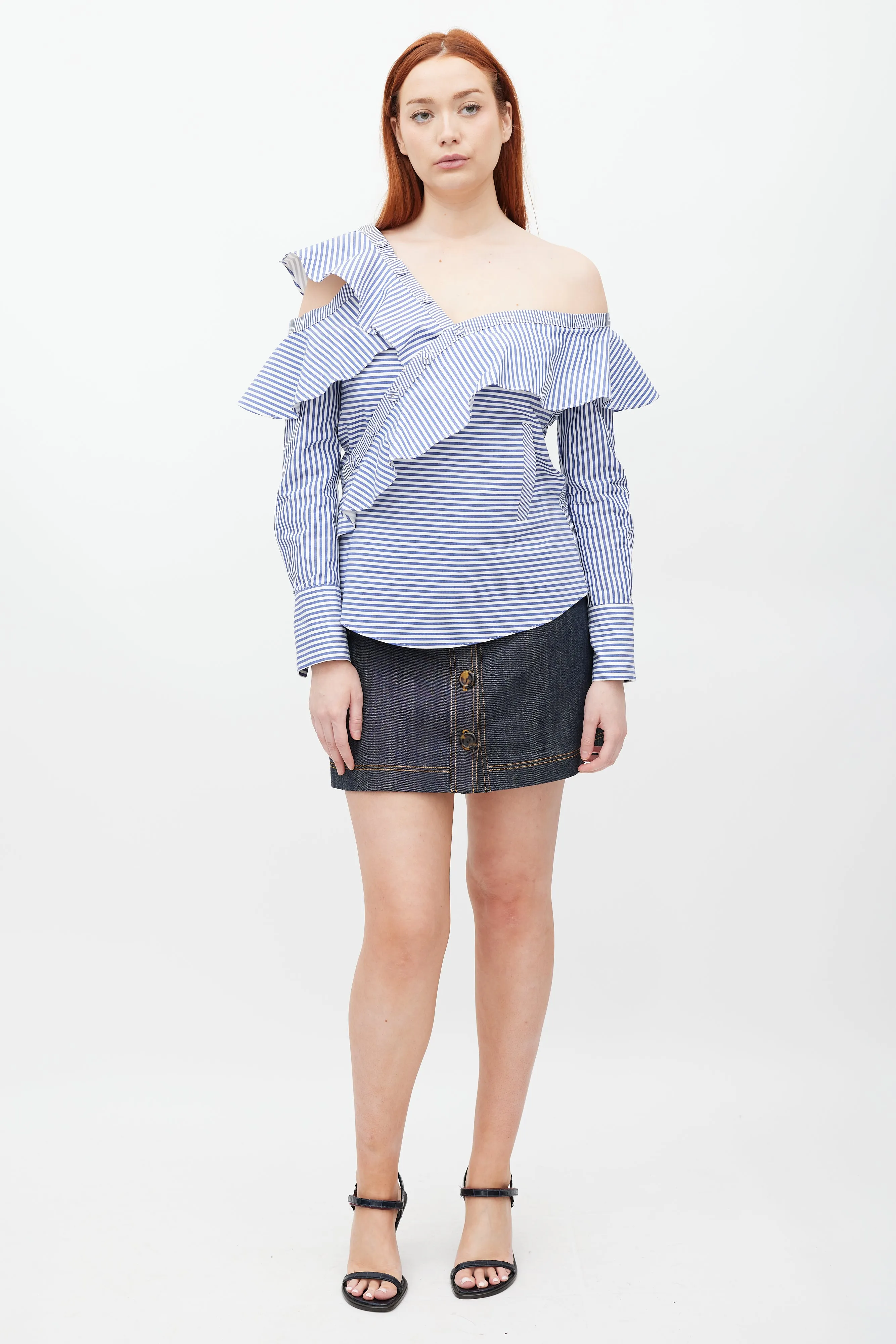 Blue & White Asymmetrical Striped Top