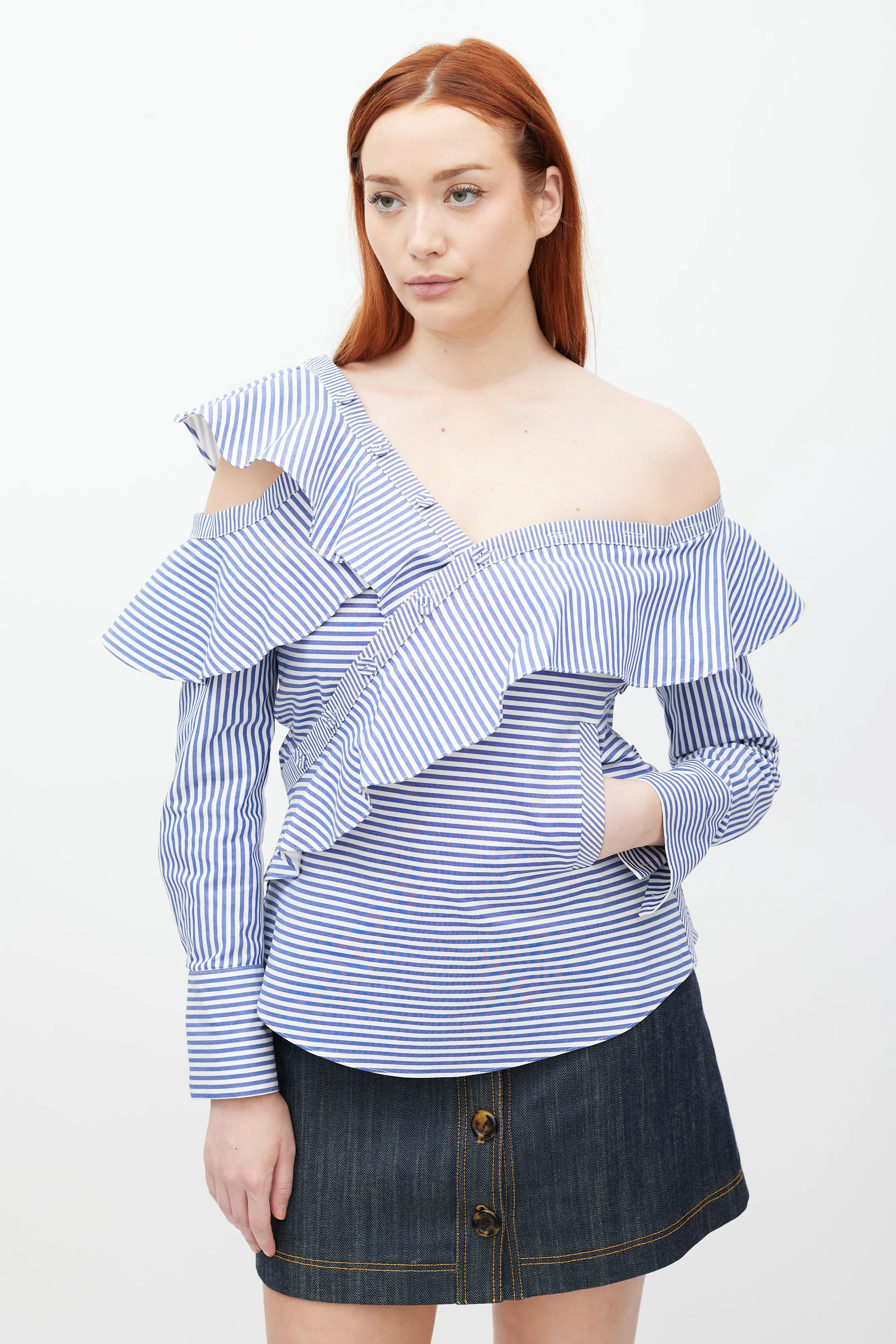 Blue & White Asymmetrical Striped Top