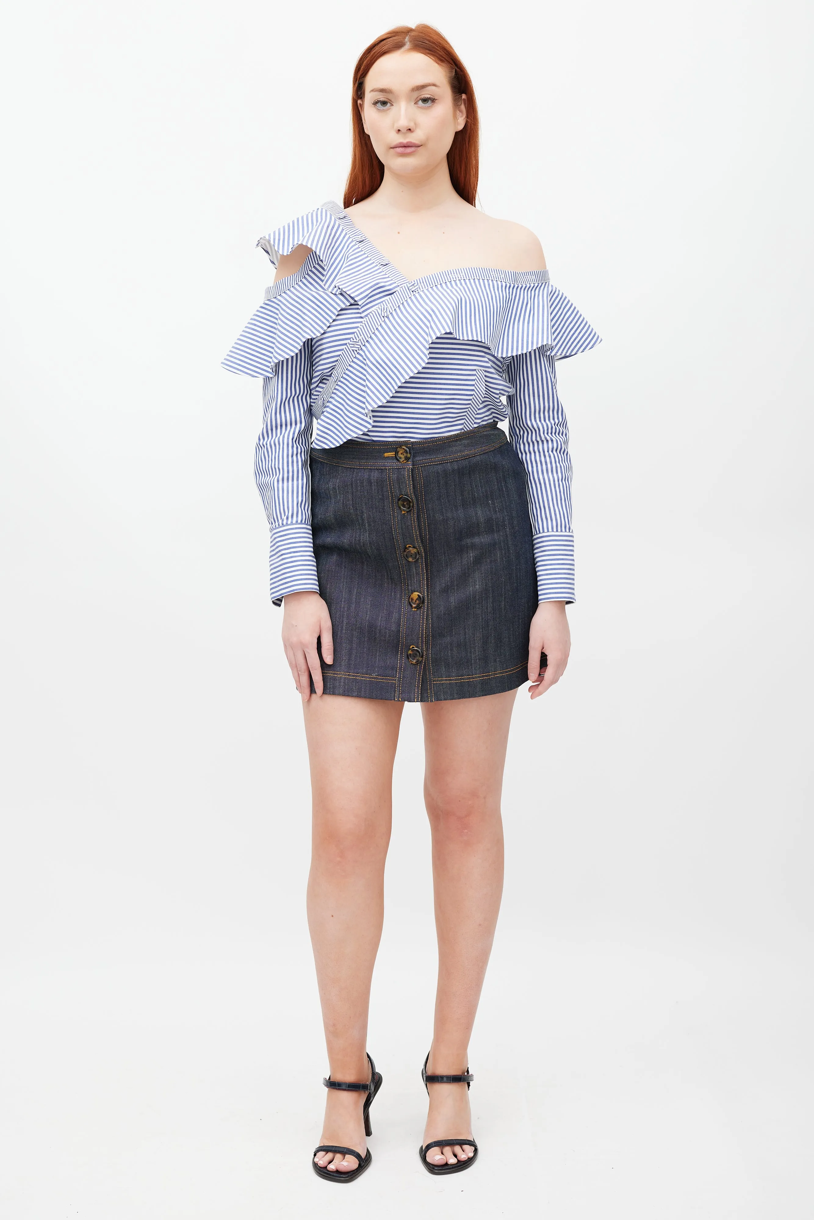 Blue & White Asymmetrical Striped Top