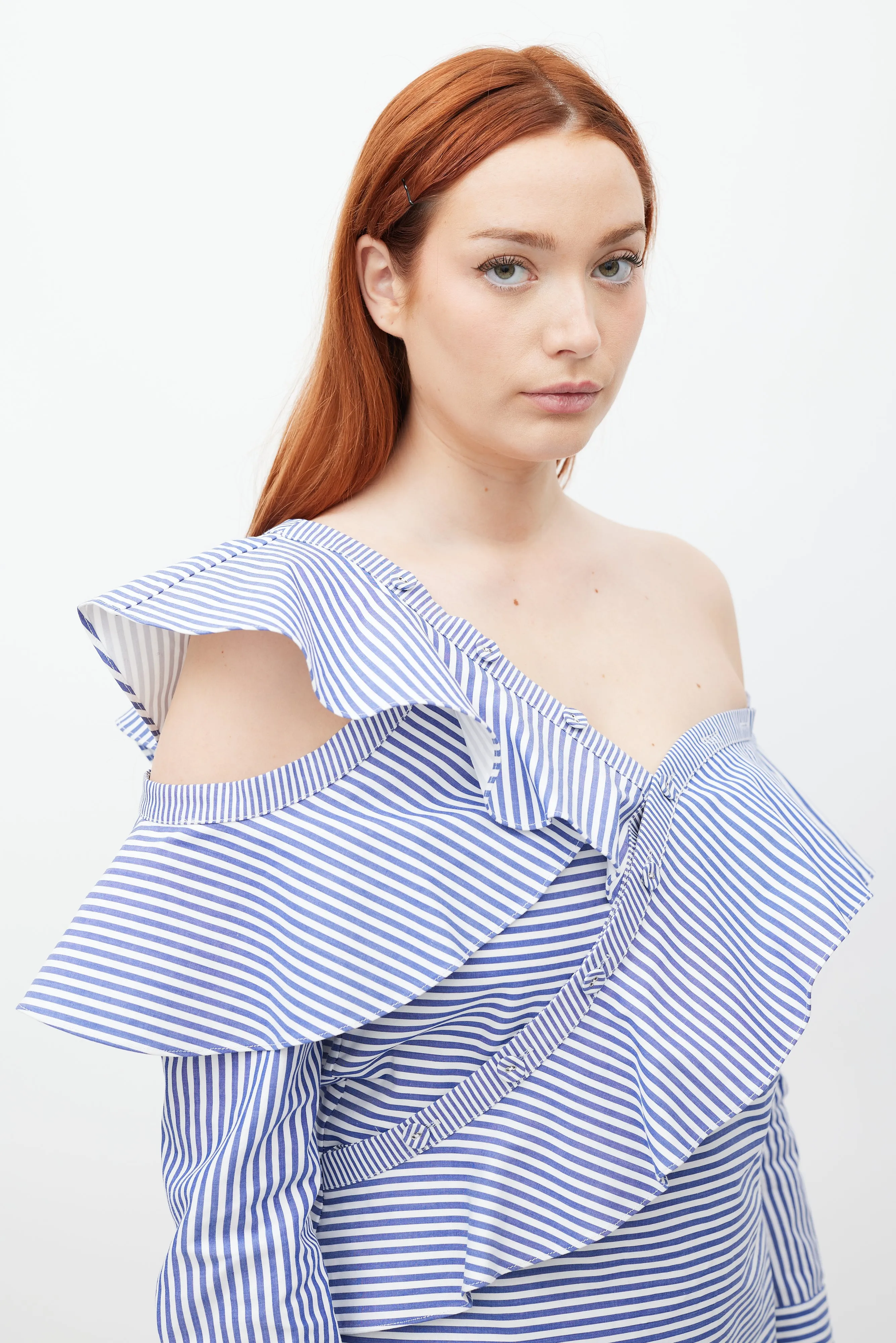 Blue & White Asymmetrical Striped Top