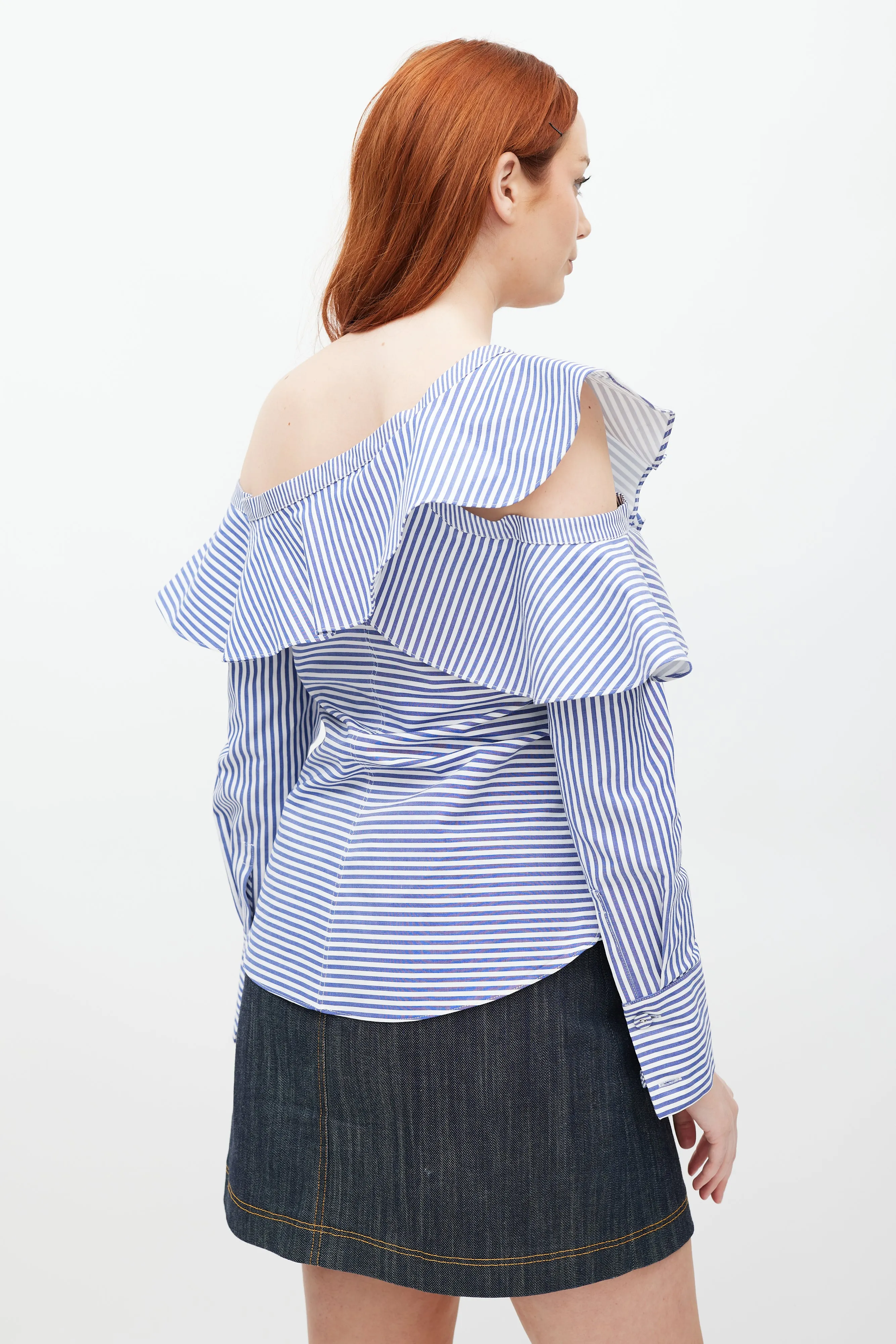 Blue & White Asymmetrical Striped Top