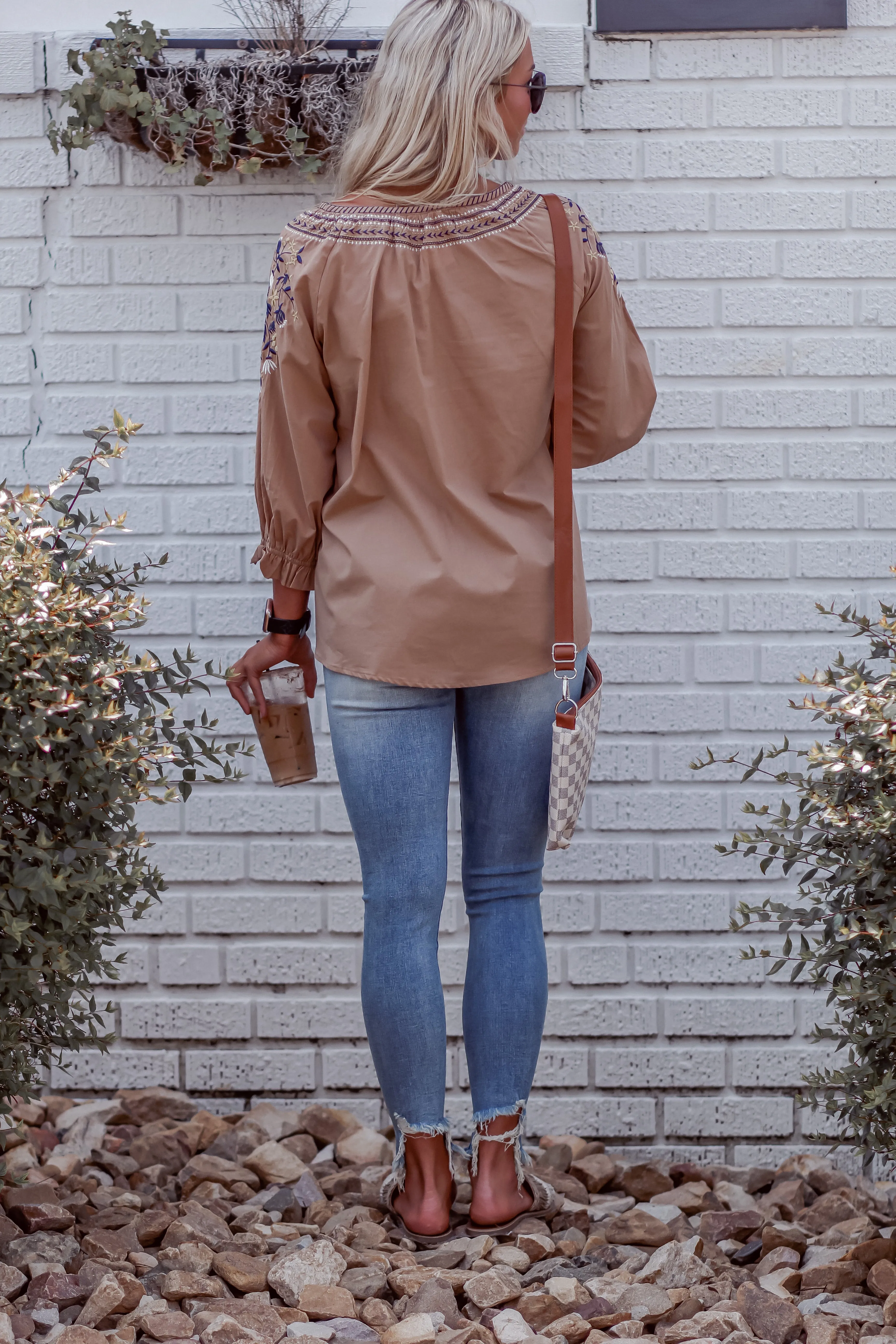 Camel Embroidered Tassel Detail Peasant Top