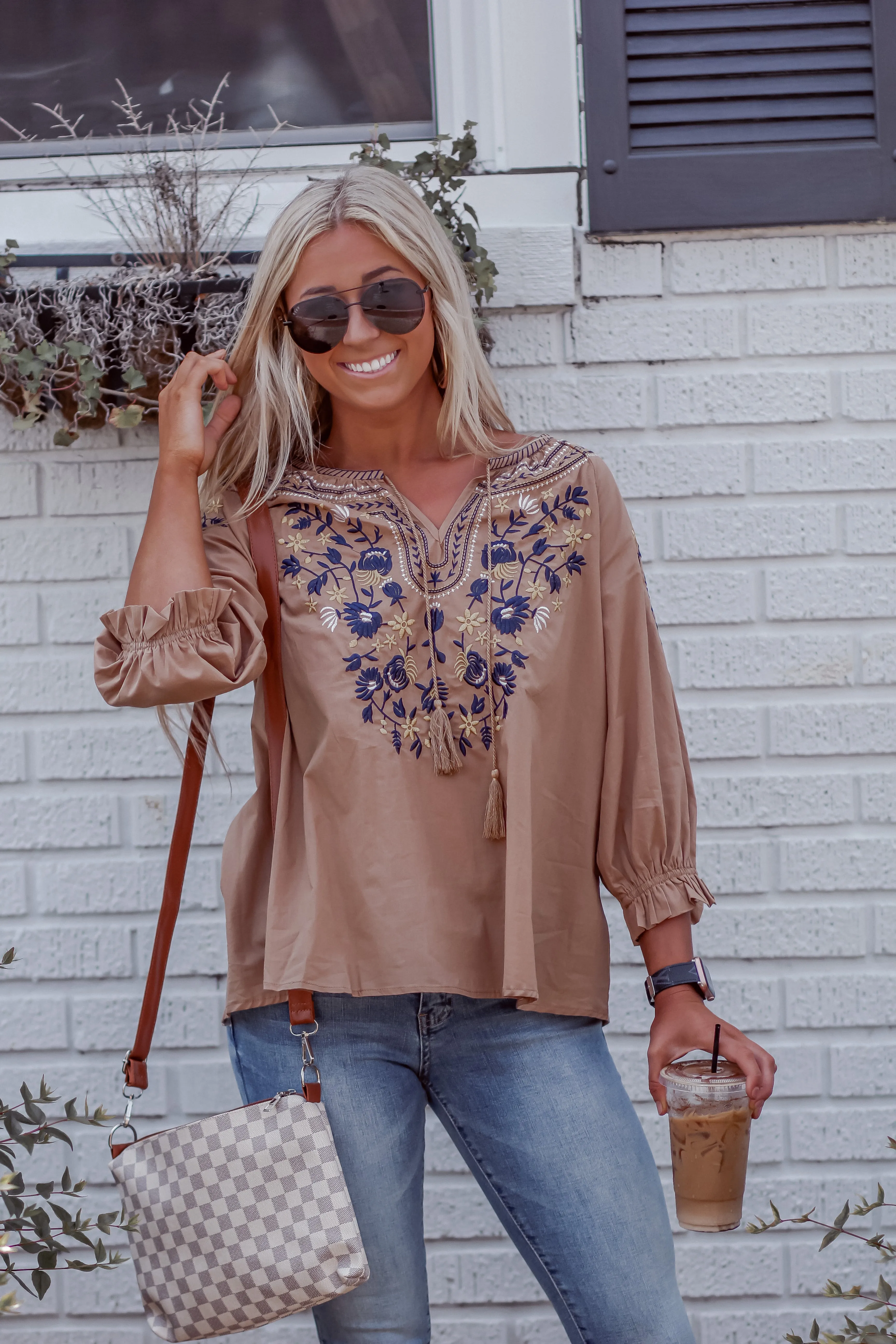 Camel Embroidered Tassel Detail Peasant Top