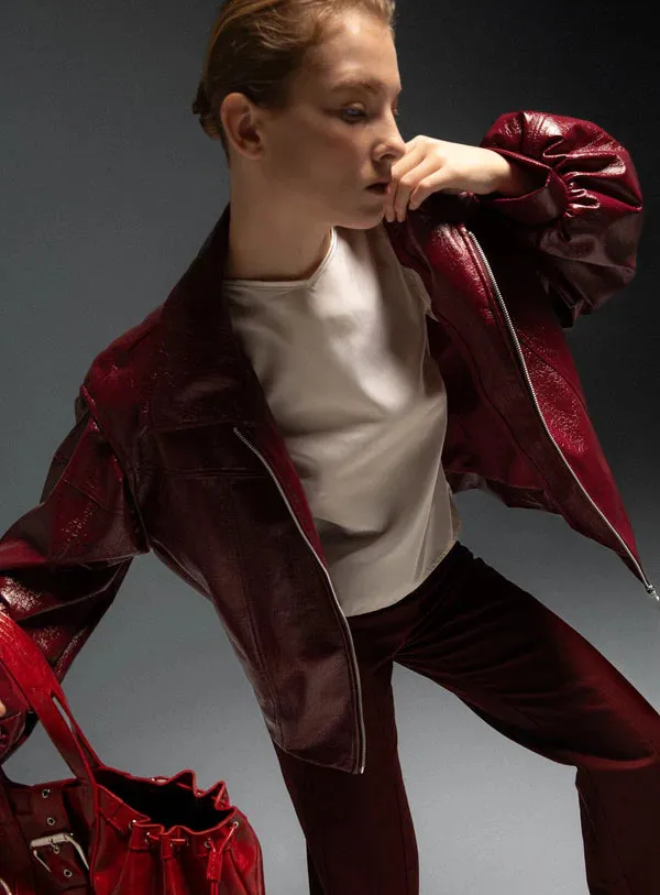 CUPIDO RED FAUX LEATHER BOMBER JACKET