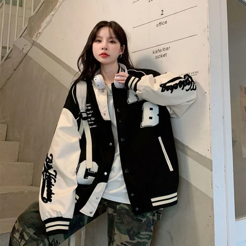 Deeptown Vintage Bomber Jacket Women Harajuku Fashion College Uniform Varsity Baseball Jackets