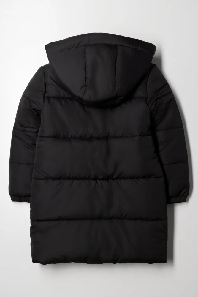 Long Hooded Puffer Jacket Black