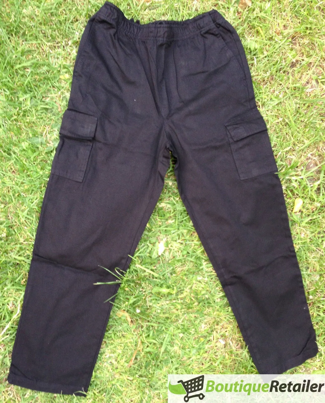Mens CARGO PANTS Trousers Elastic Waist 100% COTTON Army Military PLAIN Casual