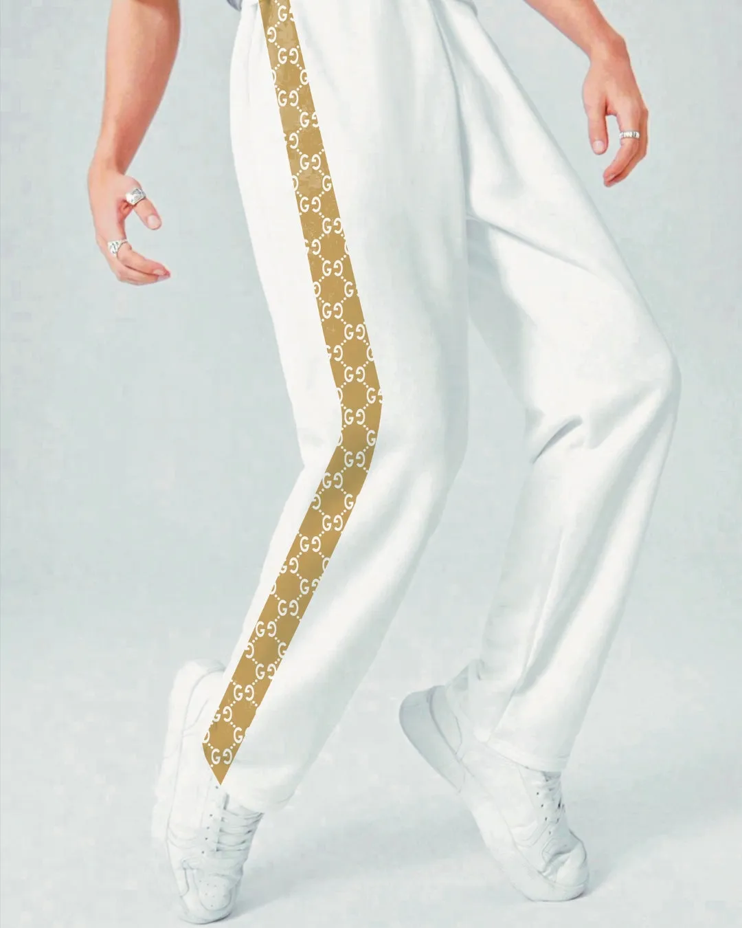 Men's Designer White Cotton Pant - Gu'cci Straps