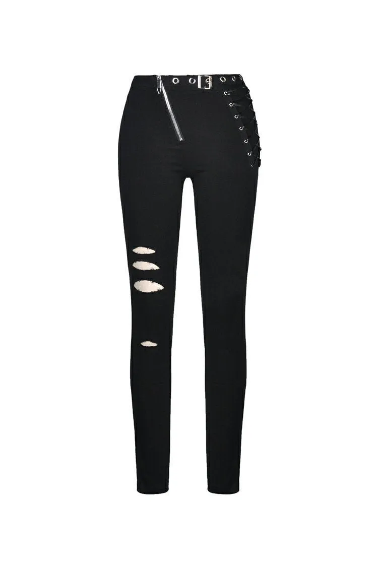 Punk hollow leg asymmetrical elastic trousers PW095