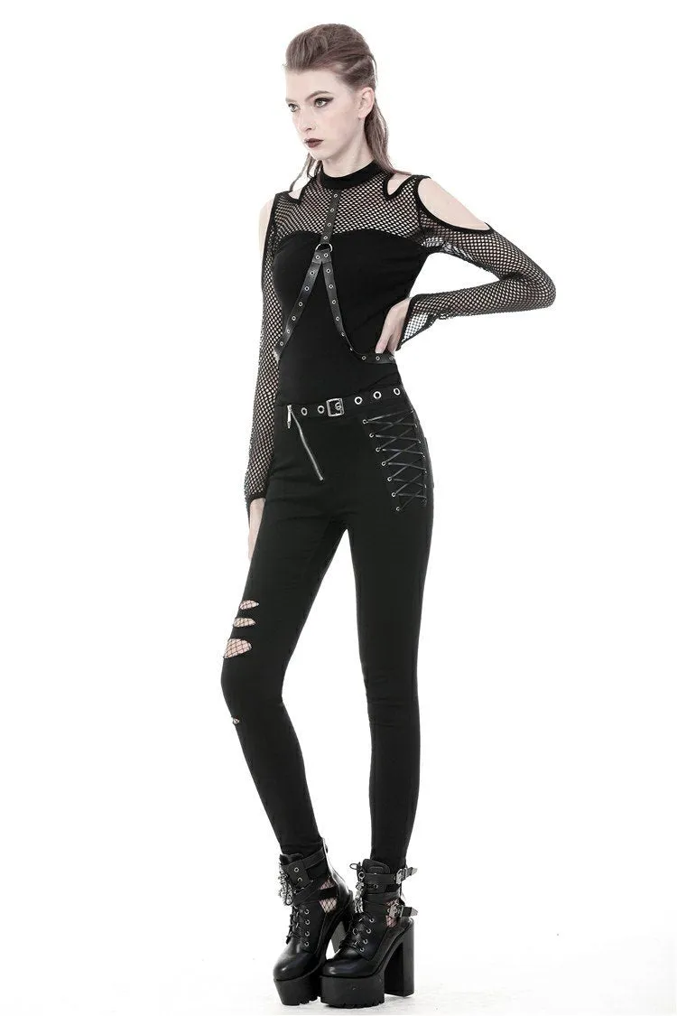 Punk hollow leg asymmetrical elastic trousers PW095