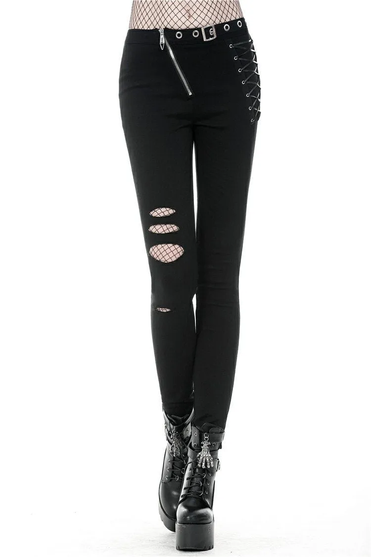 Punk hollow leg asymmetrical elastic trousers PW095
