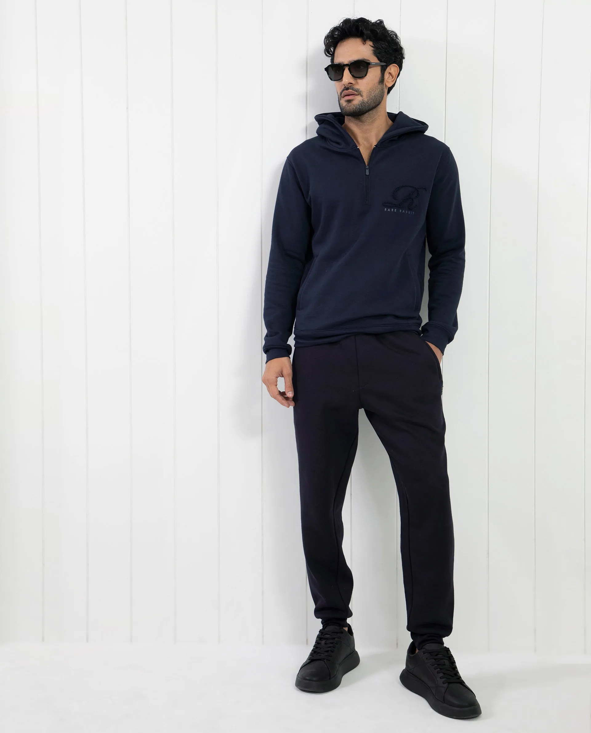 Rare Rabbit Mens Island Teal Cotton Polyester Fabric Full Sleeves Zipper Closure Towel Embroidery Logo Hooded Sweatshirt