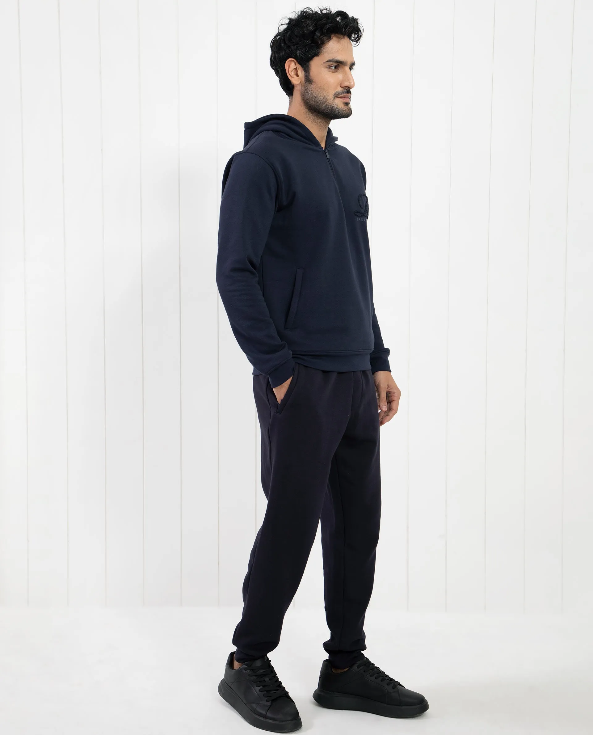 Rare Rabbit Mens Island Teal Cotton Polyester Fabric Full Sleeves Zipper Closure Towel Embroidery Logo Hooded Sweatshirt