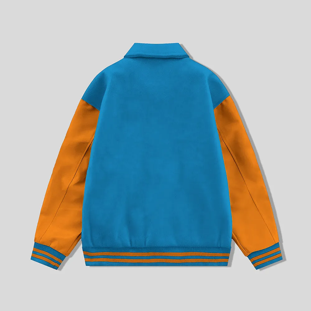 Sky Blue Byron Collar Wool & Leather Varsity Jacket Orange Sleeves - Jack N Hoods